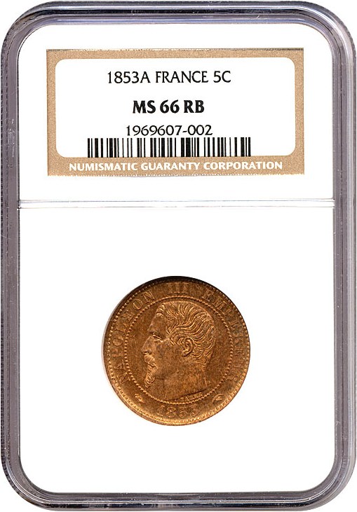 image for: France: 1853-A 5 Centime  NGC MS66 RB (KM-777.1)