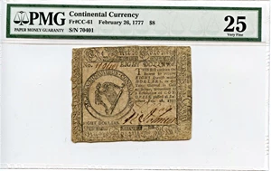 image for: FR. CC61 Feb. 26, 1777 $8 Continental Currency PMG Very Fine 25
