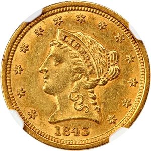 image for: 1843-D $2 1/2 NGC/CAC AU58