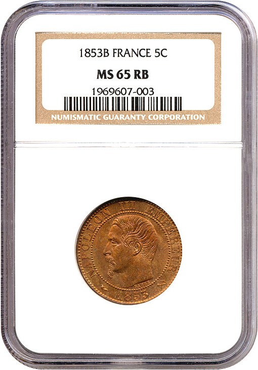 image for: France: 1853-B  5 Centime  NGC MS65 RB (KM-777.1)