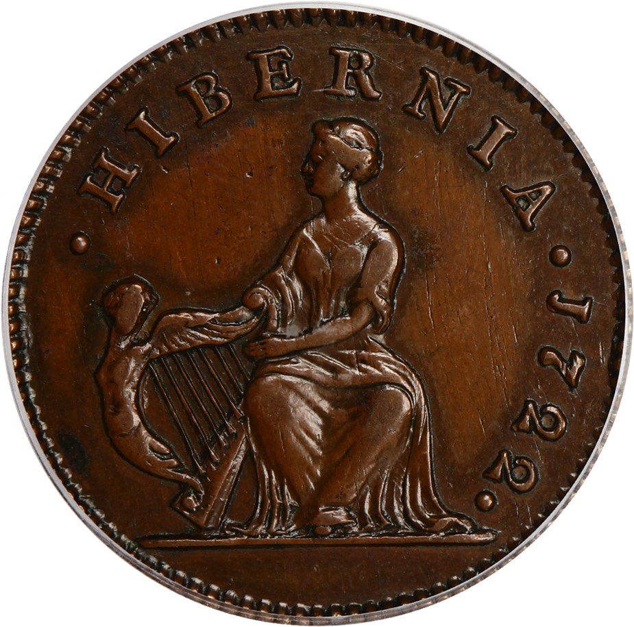 image for: 1722 Hibernia 1/2 P PCGS/CAC AU58 (Harp Left)