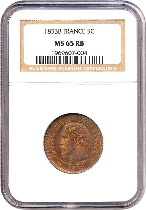 image for: France: 1853-B 5 Centime  NGC MS65 RB (KM-777.2)