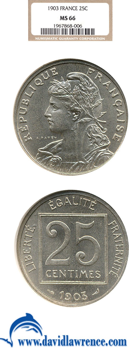 image for: France: 1903 25 Centime  NGC MS66 