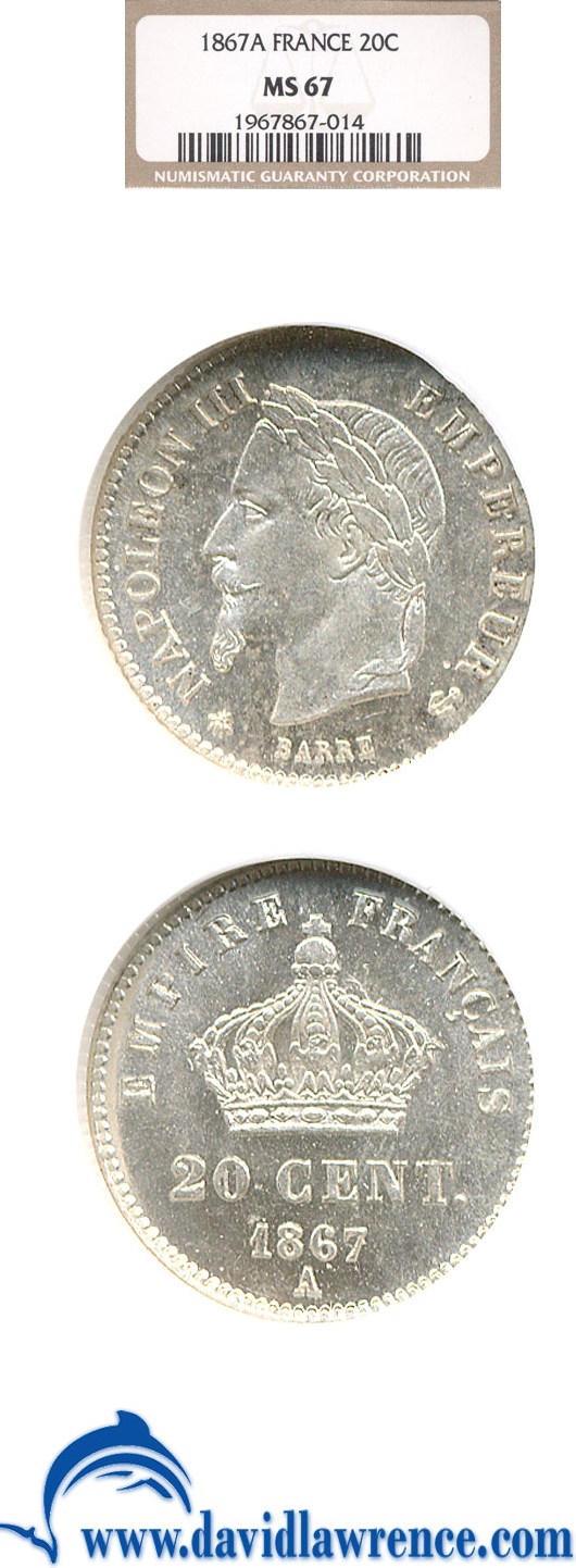 image for: France: 1867-A 20 Centime  NGC MS67   