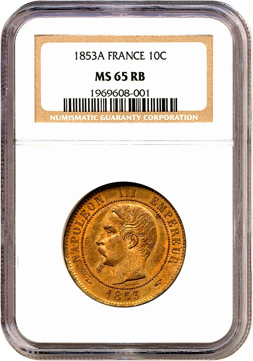 image for: France: 1853-A 10 Centime  NGC MS65 RB (KM-771.1)