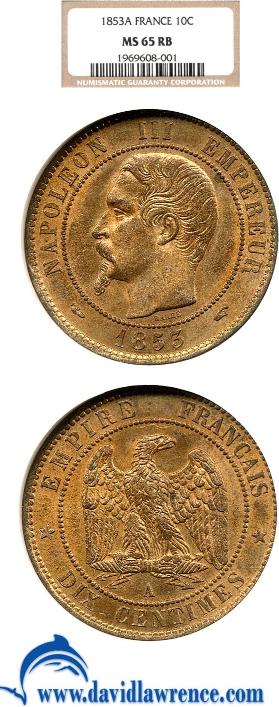 image for: France: 1853-A 10 Centime  NGC MS65 RB (KM-771.1)