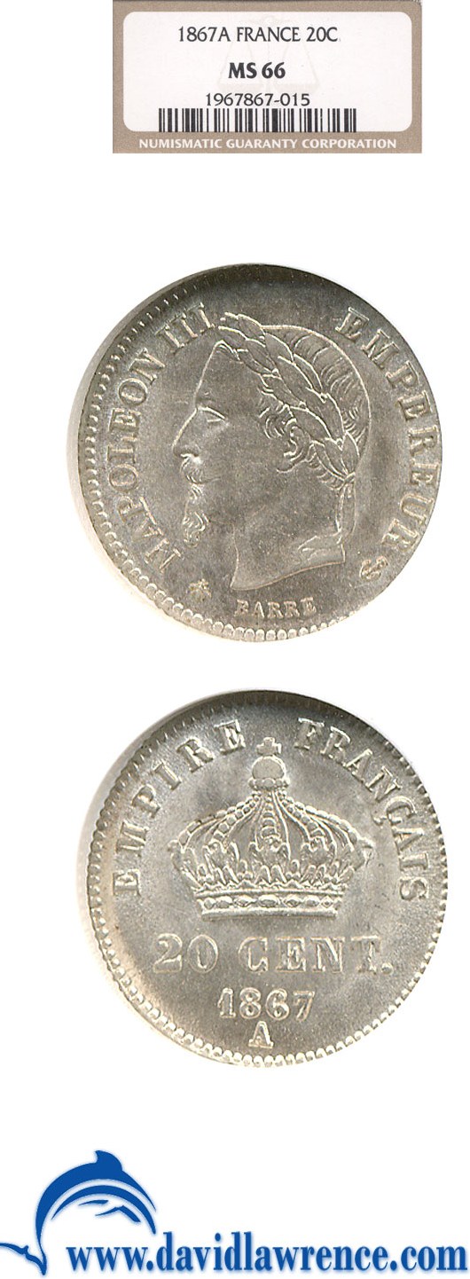 image for: France: 1867-A 20 Centime  NGC MS66   