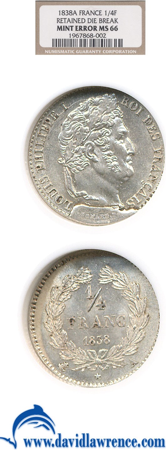 image for: France: 1838-A 1/4 Fr  NGC MS66 -- Retained Die Break