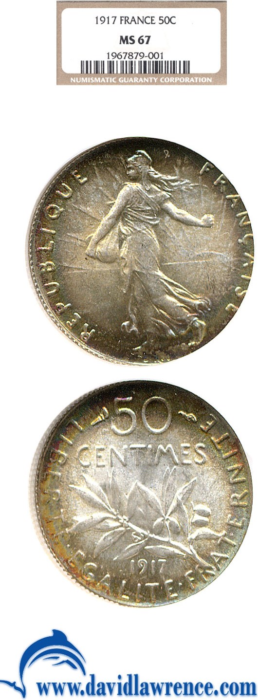 image for: France: 1917 50 Centime  NGC MS67  ** Color **