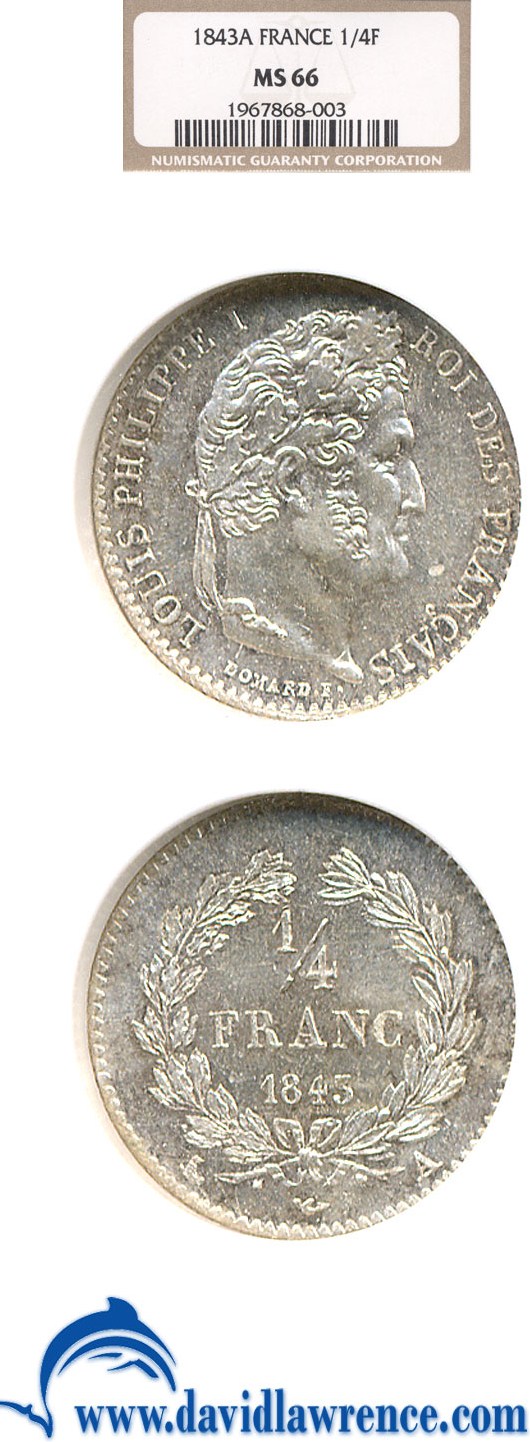 image for: France: 1843-A 1/4 Fr  NGC MS66   