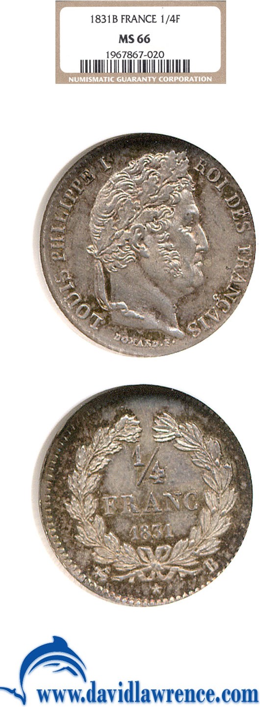 image for: France: 1831-B 1/4 Fr  NGC MS66  * Reverse Color *