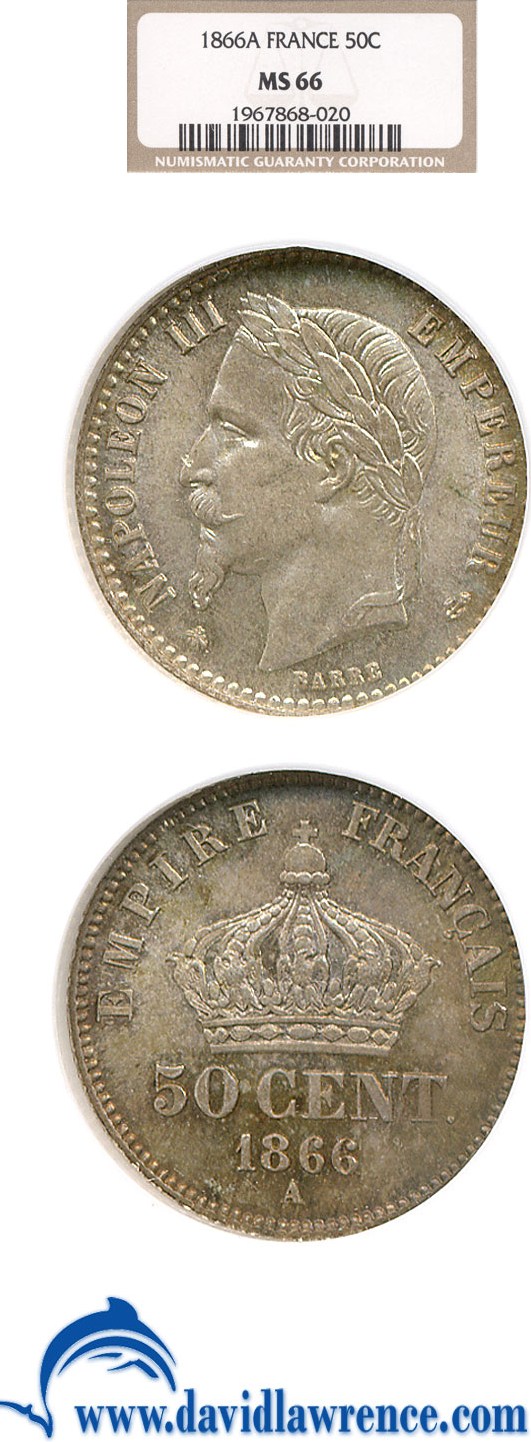 image for: France: 1866-A 50 Centime  NGC MS66   