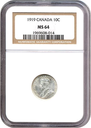 image for: Canada: 1919 10C NGC MS64