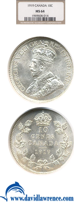 image for: Canada: 1919 10C NGC MS64