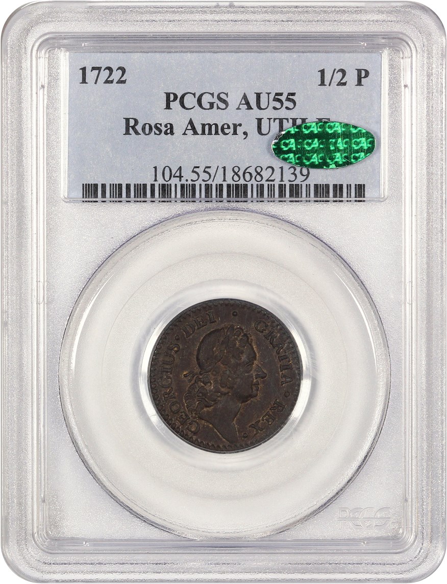 image for: 1722 Rosa Americana Penny PCGS/CAC AU55 (UTILE)