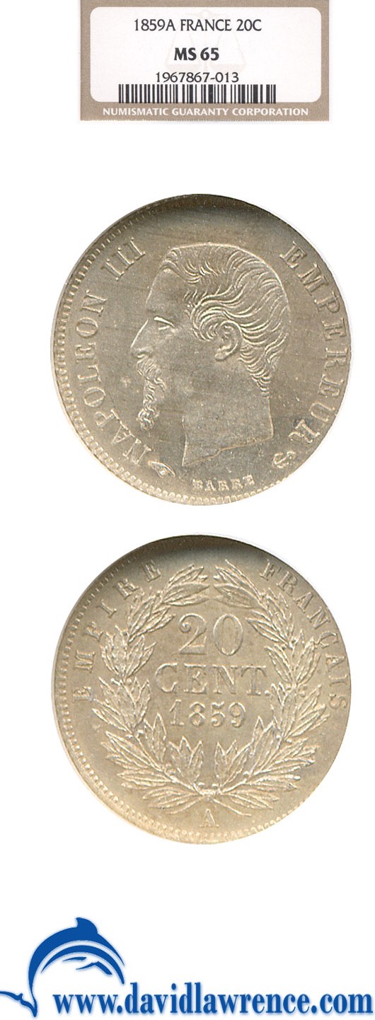 image for: France: 1859-A 20 Centime  NGC MS65   