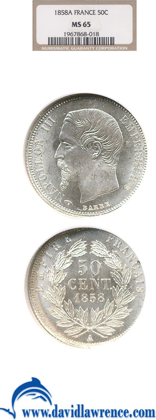 image for: France: 1858-A 50 Centime  NGC MS65   