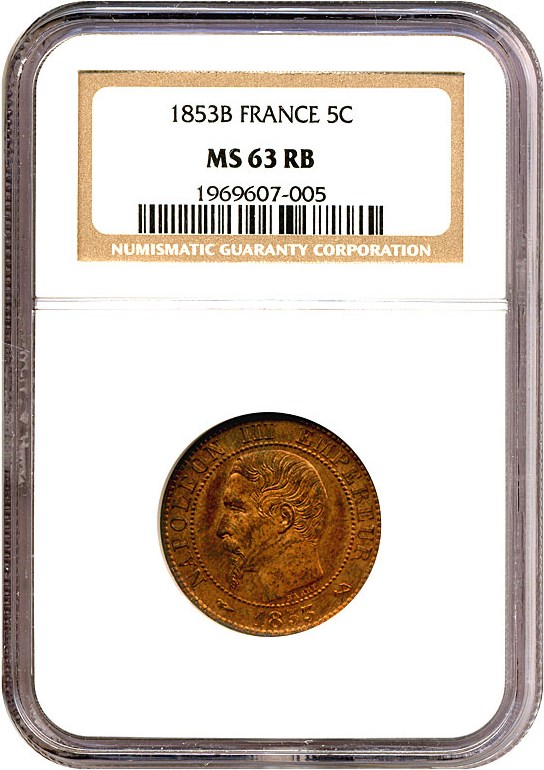 image for: France: 1853-B 5 Centime (KM-777.2) NGC MS63 RB