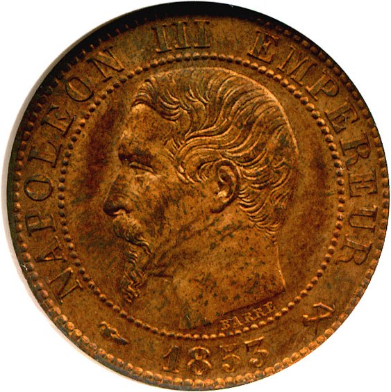 image for: France: 1853-B 5 Centime (KM-777.2) NGC MS63 RB