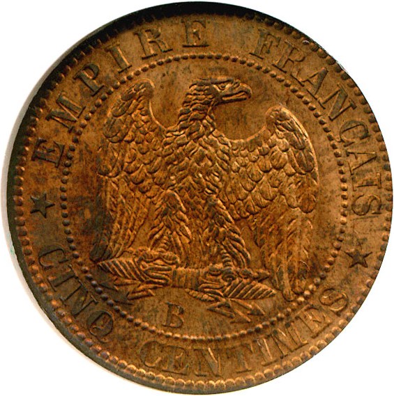 image for: France: 1853-B 5 Centime (KM-777.2) NGC MS63 RB