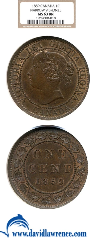 image for: Canada: 1859 1c Narrow 9, Bronze NGC MS63 BN