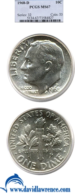 image for: 1968-D 10c PCGS MS67