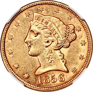image for: Mint Error: 1856 $5 NGC AU53 (Rotated Dies)