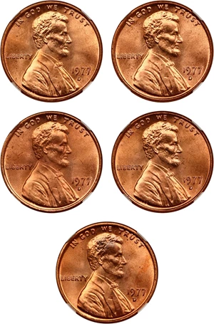 image for: Lot of 1977-D 1c NGC MS66 RD (5 Coins)