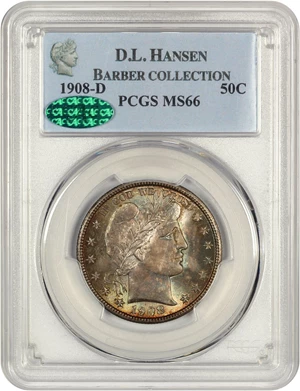 image for: 1908-D 50c PCGS/CAC MS66 ex: D.L. Hansen
