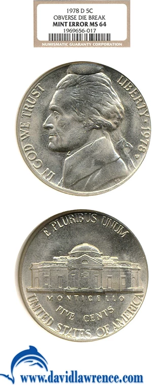 image for: 1978-D 5c NGC MS64 - Obverse Die Break