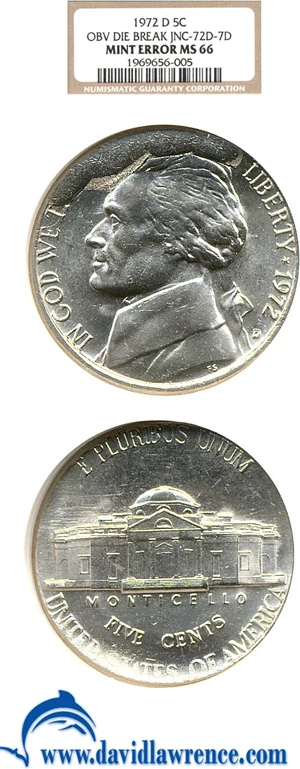 image for: 1972-D 5c NGC MS66 - Obverse Die Break (JNC-72D-7D)