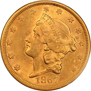 image for: 1867-S $20 PCGS/CAC AU58 ex: AWA/D.L. Hansen