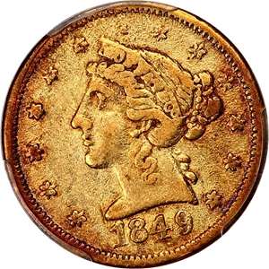 image for: 1849 Moffat $5 PCGS AU50