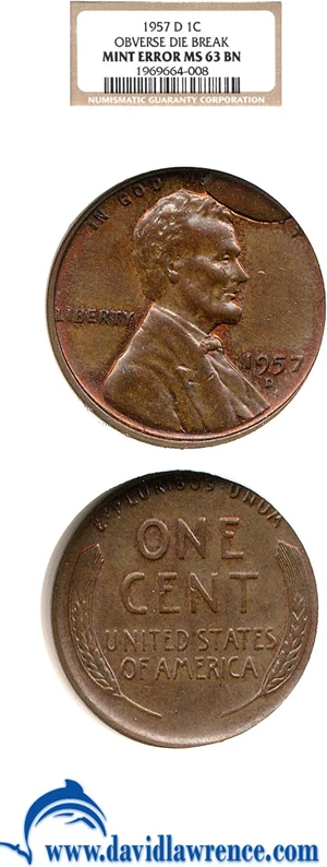 image for: 1957-D 1c NGC MS63 BN - Obverse Die Break