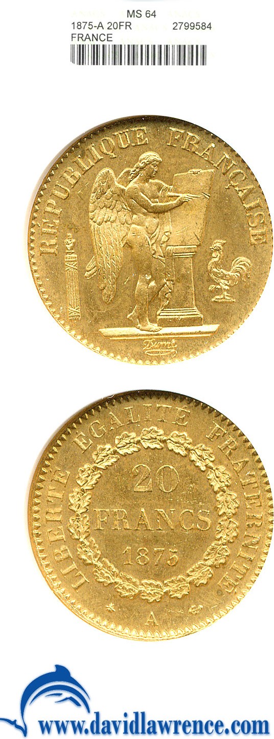 image for: France: 1875-A 20 Fr  ANACS MS64   