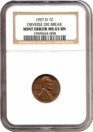 image for: 1957-D 1c NGC MS63 BN - Obverse Die Break