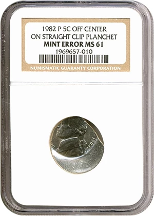 image for: 1982-P 5c NGC MS61 - Off Center On Straight Clip Planchet