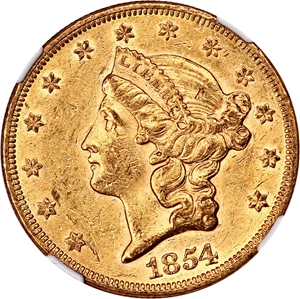 image for: 1854 $20 NGC AU55 (Small Date) ex: Eureka Hoard