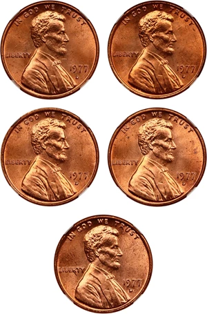 image for: Lot of 1977-D 1c NGC MS66 RD (5 Coins)