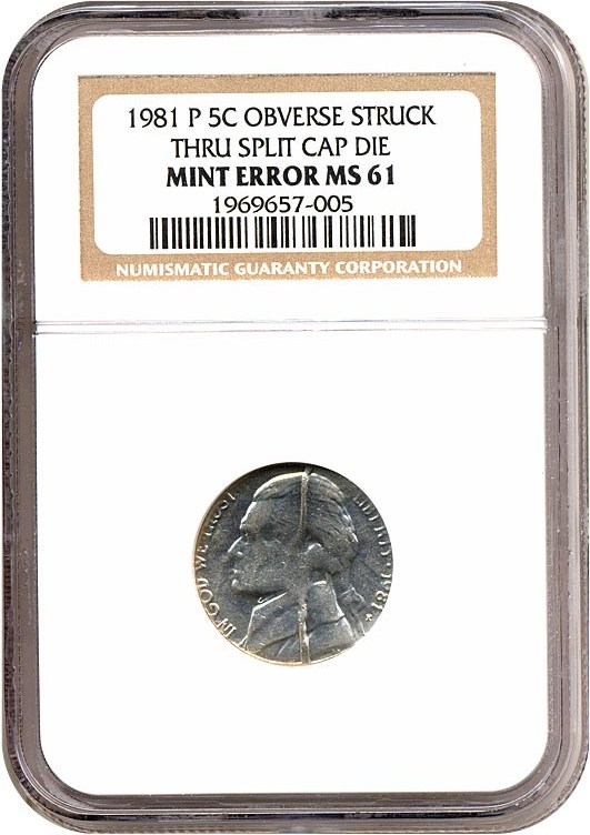 image for: 1981-P 5c  NGC MS61 - Obveres Struck Thru Split Cap Die