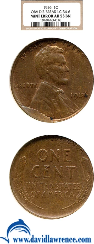 image for: 1936 1c NGC AU53 BN - Obverse Die Break (LC-36-6)