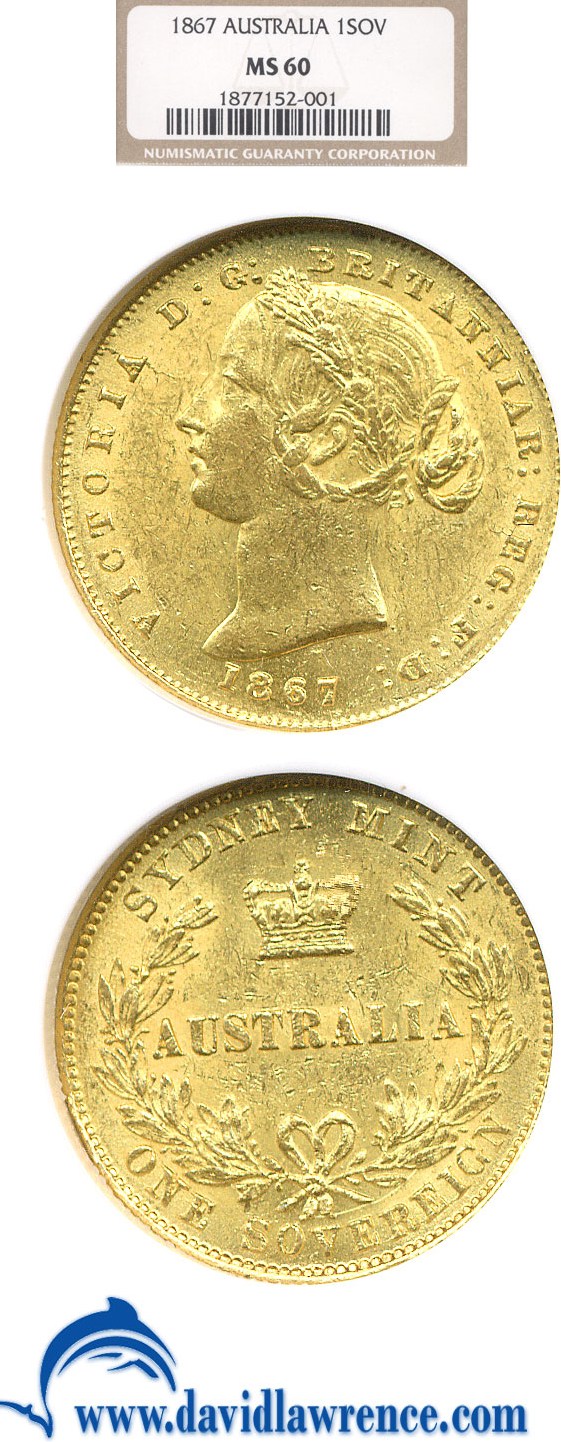 image for: Australia: 1867 Sov  NGC MS60 