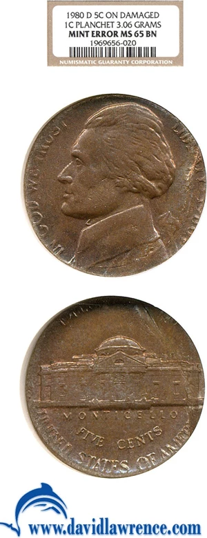 image for: 1980-D 5c NGC MS65 BN - Struck on Damaged 1c Planchet (3.06g)