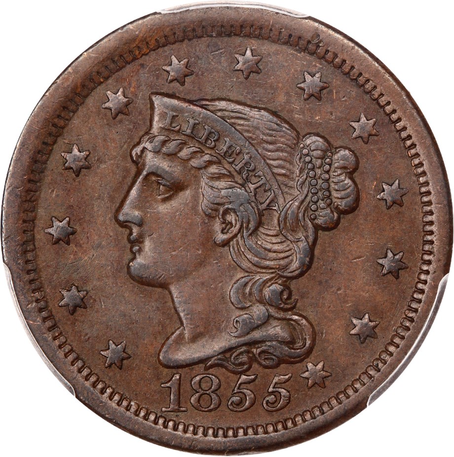 image for: 1855 1c PCGS AU50 (Knob Ear)