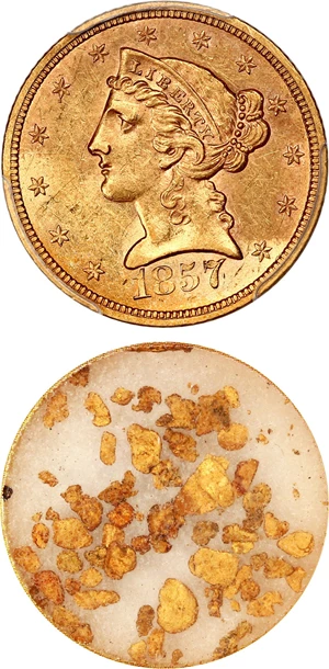 image for: S.S. Central America: 1857-S $5 PCGS AU55 & California Gold Dust (With Box & COA)