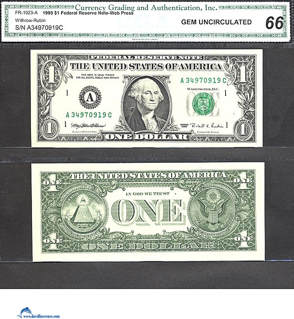 image for: Fr.1923A 1995 $1 Web press. Washington, DC CGA Gem CU66  [A34970919C]