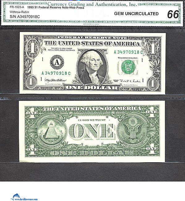 image for: Fr.1923A 1995 $1 Web press. Washington, DC CGA Gem CU66  [A34970918C]