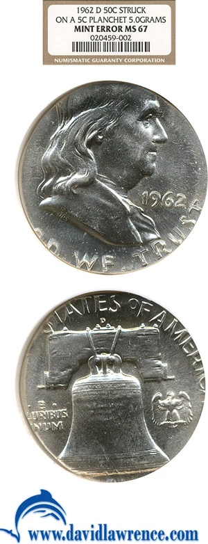 image for: 1962-D 50c NGC MS67 - Struck on 5c Planchet (5.0g)