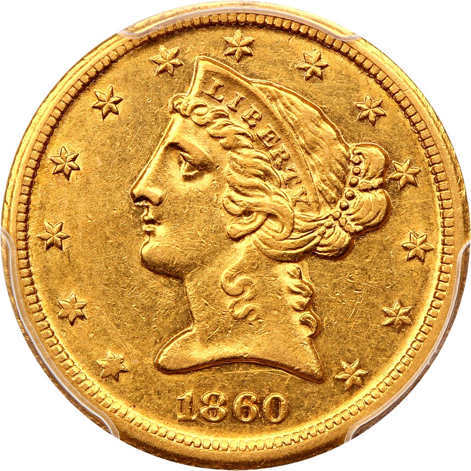 image for: 1860-D $5 PCGS AU55 (Medium D)