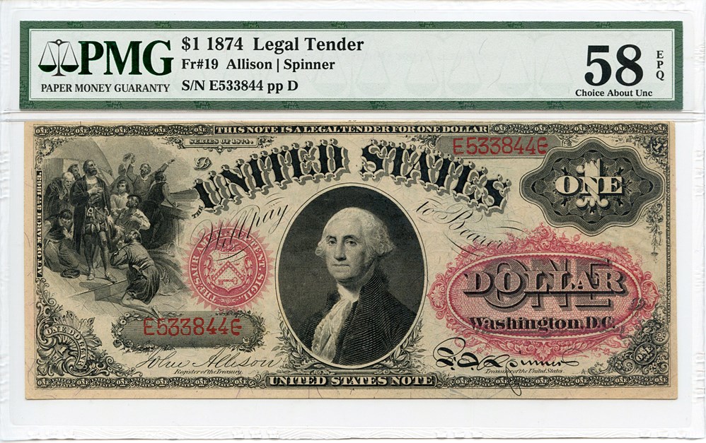 image for: FR. 19 1874 $1 Legal Tender PMG About Unc 58 EPQ [E533844]